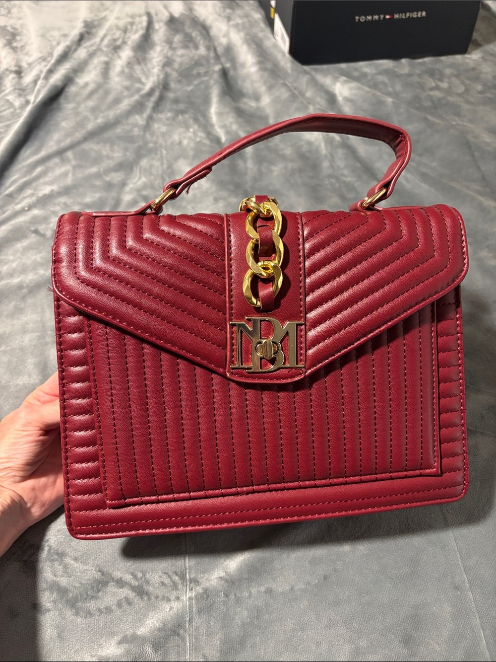 Badgley Mishka Wine Vegan Leather Quilted CrossBody w/Big Chain & Handle Lock